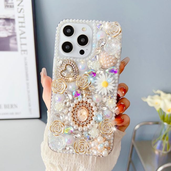 Casing for iPhone 14 Plus 13 12 11 Pro Max Stylish and Protective Perfume Girls Rhinestone Phone Case with Rose Flower Diamond (White,iPhone 14Pro)