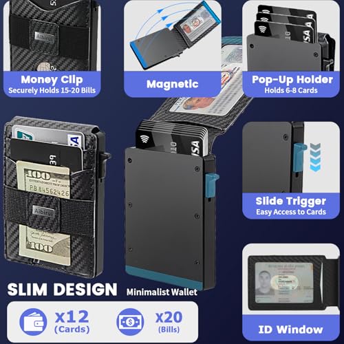 Slim Wallet for Men with Money Clip,Minimalist-Business Card Case,Carbon Fiber Slots Credit Card Holder RFID Blocking Bifold Pop Up Wallet with ID Window(Black Slim Wallet for Men Gift)3