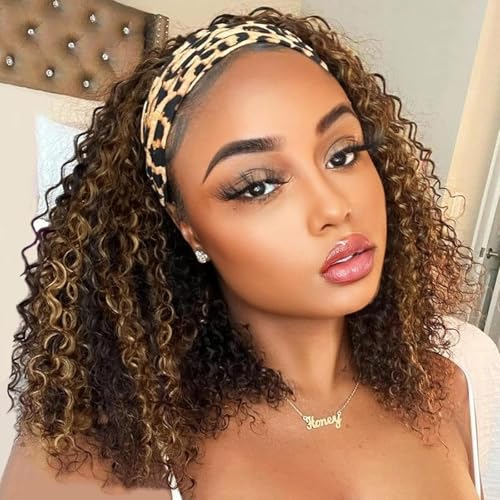 Image of Ombre Headband Wig Human Hair 4 /27 Highlight Kinky Curly Glueless Wig 14 In