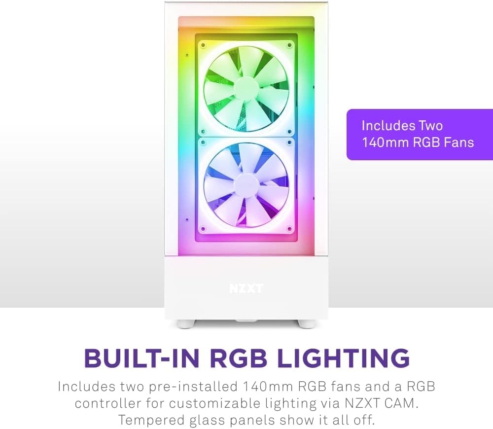 NZXT H5 Elite Compact ATX Mid-Tower PC Gaming Case – Built-in RGB Lighting – Tempered Glass Front and Side Panels – Cable Management – 2 x 140mm RGB Fans Included – 280mm Radiator Support – White
