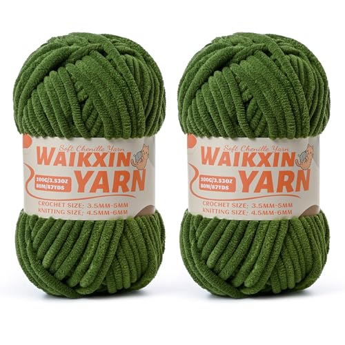 Image of (2 Pine Green) 2 Pack Super Soft Fuzzy Chenille Chunky Yarn for Crocheting, 200g (175yds) Fluffy Velvet Yarn for Hand Knitting Baby Blankets Weaving Craft