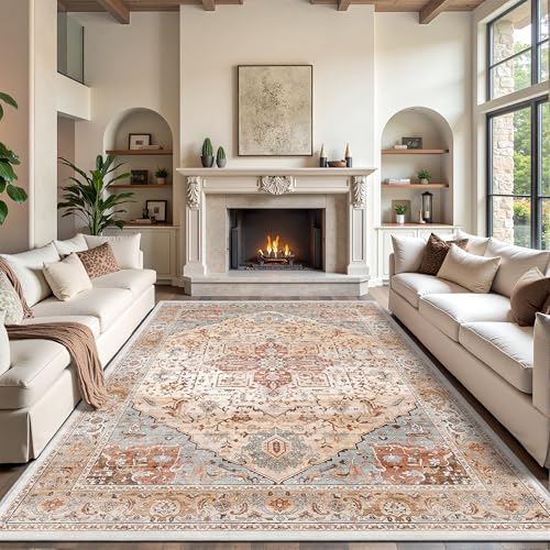 Rugland 8x10 Area Rugs - Stain Resistant Washable Rug, Anti Slip Rugs for Living Room, Vintage Tribal Area Rugs(Medallion 01-Orange/Grey, 8'x10')