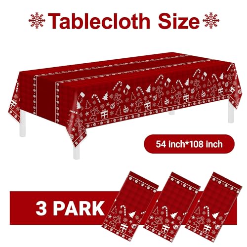 Image of Childom 3 Pack Christmas Tablecloths Disposable,Christmas Decorations,54 x 108 Inch,Plastic Table Cloths for Rectangle Tables,Red Themed Checkered Table Covers for Xmas,Indoor,Outdoor,Birthday,Parties