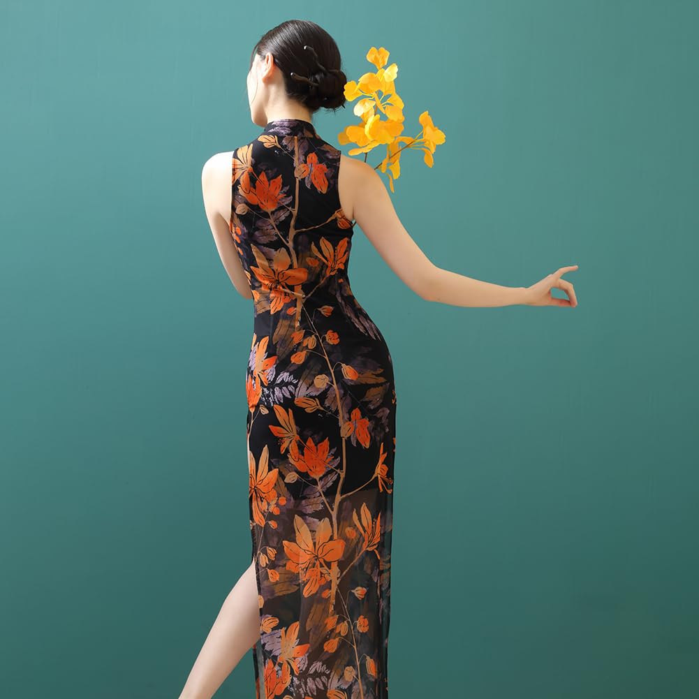 ROYAL SMEELA Vestito Qipao Senza Maniche Donna Abito Cheongsam Stampa Sexy Abito Qipao Cheongsam Tradizionale Cinese Costume Cinese Nero Vestito Cheongsam Cinese Qipao Fessura Abito Qipao Lungo