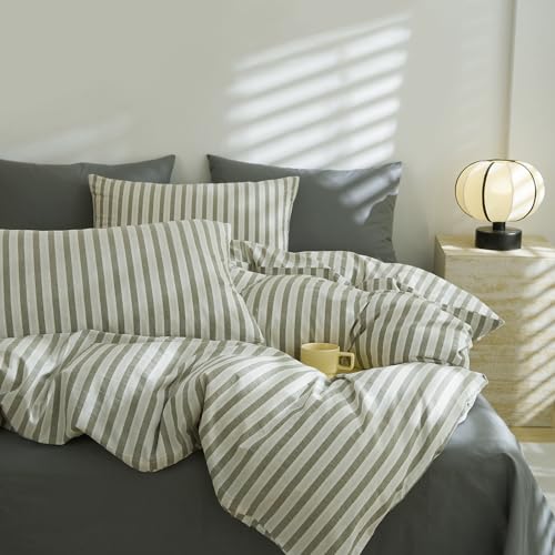 Image of LifeTB Full Size Comforter Set Grey Striped Comforter Set, 3 Pieces Retro Stripes Pattern Printed Comforter with 2 Pillowcases, Fluffy Soft Lightweight Breathable Striped Bedding Set for All Seasons