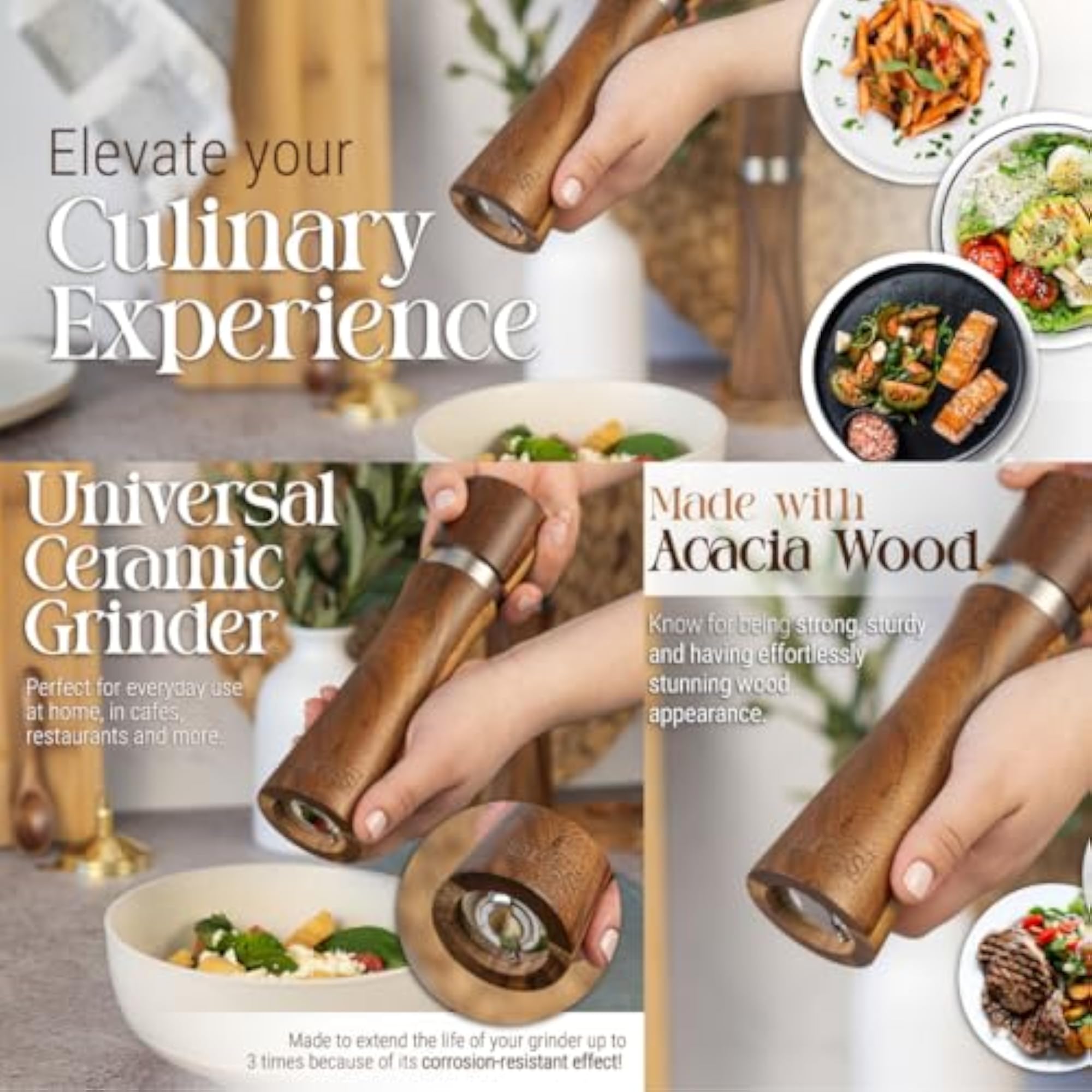 Premium Acacia Wood Salt and Pepper Grinder Set, Home Kitchen