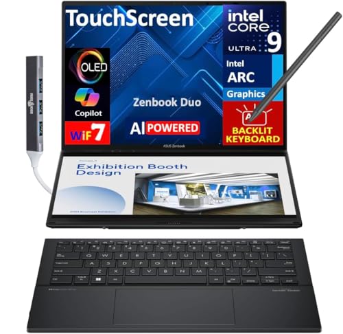 ASUS Zenbook Duo ux8406 AI Powered 2-in-1 Laptop 14.0' Touchscreen OLED 3K 120Hz Display (Intel Ultra 9-285H, 32GB LPDDR5X, 1TB PCIe SSD, Active Pen, Backlit KB, Win 11 Pro) w/DKZ USB Port Expander