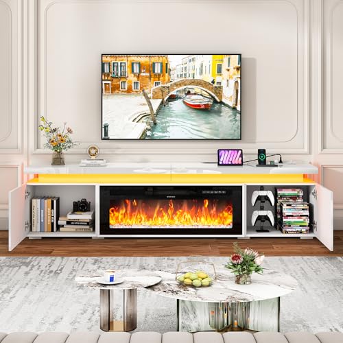 St.Mandyu Fireplace TV Stand for 100" TV, 90" LED TV Stand with 50" Electric Fireplace & Power Outlet, High Gloss Surface, 2 Storage Cabinet, Modern Style (90 Inch, White)