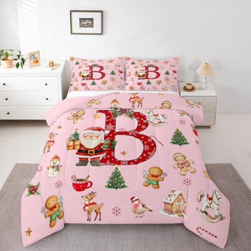 Homemissing Juego de edredón rosa con temática navideña para niños, tamaño doble, lindo juego de ropa de cama de Papá Noel con diseño de hombre de jengibre de Navidad, para niños y niñas, alfabeto