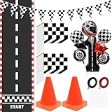 Windspeed Race Car Party Supplies, 38 Pcs Set: 24 Checkered Flags, 12 Mini Traffic Cones, 6.5Ft Racetrack Mat, 9.8Ft Hanging Flag, Birthday Decorations