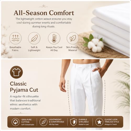 Image of Men's Pure Cotton Pant Style Pyjama | Pyjama /Pajama Style Pants for Kurtas, Festival | White, Cream, Black | Elasticated Waist and Dual Side Pockets