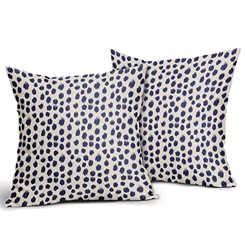 Navy Blue Cream Pillow Covers 18X18 Set Of 2 Polka Dot Throw Pillows Outdoor Boho Design Brush Strokes Decorative Pillowcase Square Cushion Cover Linen Pillow Case For Home Sofa Couch Bed #TOP1