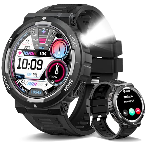 Military Smart Watch for Men(Answer/Make Call), Rugged Smartwatch with LED Flashlight/3ATM Waterproof/400mAh Battery/100+ Sports Modes/Heart Rate/Sleep Monitor, Fitness Tracker for iOS Android