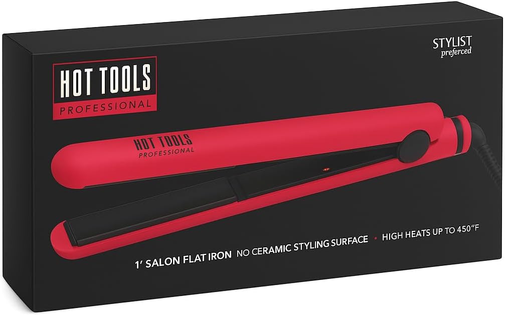 Hot Tools Professional 1” Nano Ceramic Flat Iron for Hair – High Heat Up to 450°F, Dual Voltage, Salon-Quality Straightener & Curler with Rounded Edges, Fast Heat Up, Red