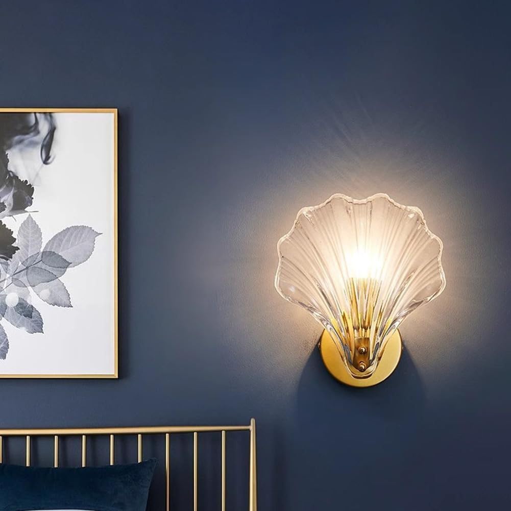 EaEa Lámpara de Pared de Interior E14 Shell Luz de Pared Moderna Aplique de Pared de Metal Cristal Hierro con Pantalla de Vidrio Shell Lámpara de Cabecera de Diseño Dorado para Cocina Isla Dormitorio