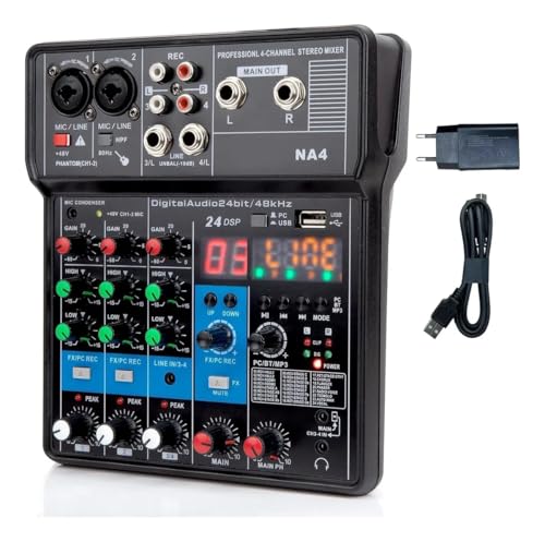 Na4 Mixer de Áudio Profissional 4 Canais, Bluetooth, USB, Phantom Power 48V, Placa de Som Digital, Ideal para DJ, Podcast, Transmissões ao Vivo, Gravação e Música em Casa
