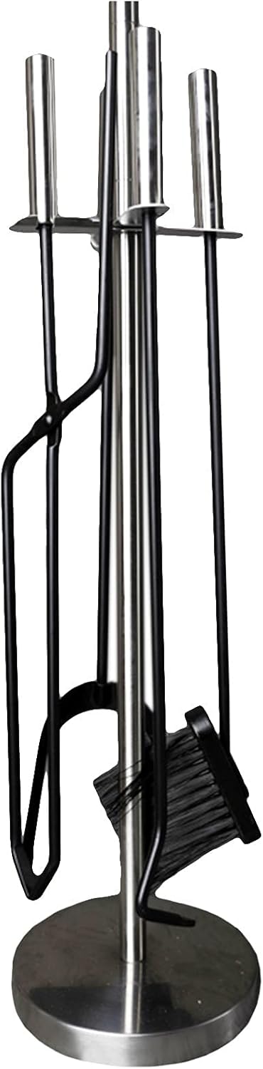 Round Fireplace Tools Set 5 Piece, Modern Wood Stove Hearth Tools Holder for Outside Patio Camping, Stainless Steel Fire Pit Hearth Accessories