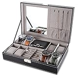 EleLight Black Jewelry Box 8 Slots Watch Organizer Storage Case with Lock and Mirror for Men Women