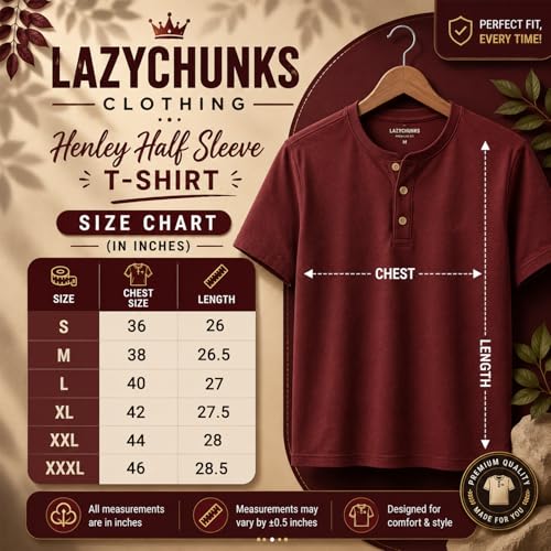 Image of LAZYCHUNKS Men's Modern Henley Neck T-Shirt | Premium Cotton Half Sleeve Casual Tee | Breathable Everyday Wear for Work, Travel, Weekend & Outdoor Activities