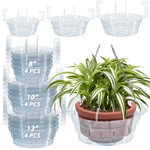 VIOBEPASS 12 Pack Hanging Plant Water Catcher Tray 8+10+12 Clear Drip Pan Saucers (4P/Size) for Hanging Planters & Pots Indoor Self Watering Accessories for Hanging Plant Baskets (Mix Sizes 12P)