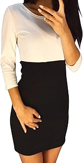NHNKB Women's Knee-Length Round Neck Long Sleeve Dress Fashion Colour Block Medium Length Slim Cut Casual Dress Women's Summer Dresses Knee-Length with Sleeves Summer Dress Women's Short