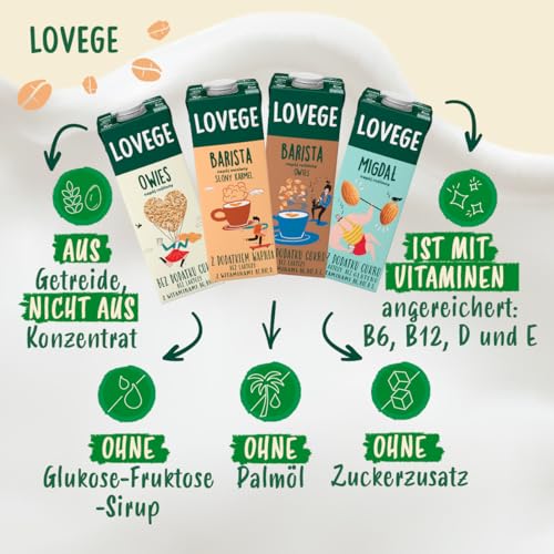Lovege - Barista Drink mit Salzkaramell Geschmack ohne Zucker 8 x 1L, Kaffee Haferdrink, Pflanzlicher Drink ohne Zucker, Natürlich, Lactosefrei, Oats, Mit Vitaminen