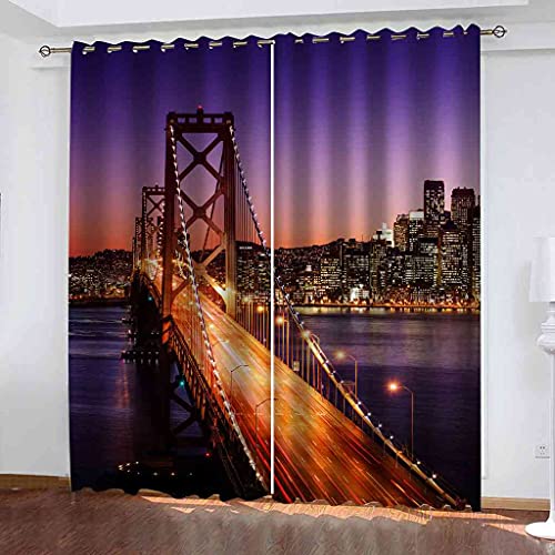 ODSGEK Rideaux Salon Occultants 167X182Cm (Lxh) Paysage De Pont De New York 3D Rideaux À Oeillets Isolation Thermique Draperies Souple Polyester Opaque...