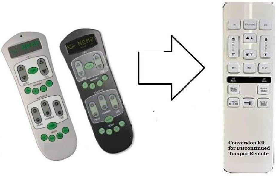 Image illustrating the conversion from two old discontinued Tempur-Pedic remotes to the single new white replacement remote, with an arrow indicating the replacement.