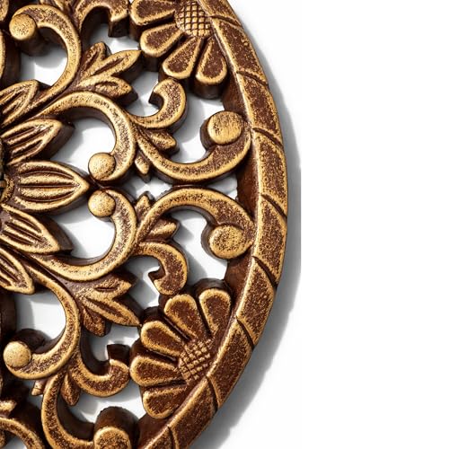 Image of Art Street Ganesha Wall Plaque with 3D Embossed Floral Design, MDF Round Plaque, Gold Antique Finish, Lord Ganesha Idol for Pooja Room, Living Room, or Office, Traditional Hindu Wall, 30x30 cm