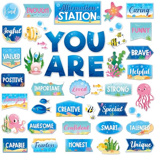 Weekgrat 45 Pcs Ocean Affirmation Station Bulletin Board Set Motivational Posters Classroom Mirror Growth Mindset Decor Positive Affirmations Accents Cutouts for School Office Home Teacher Wall