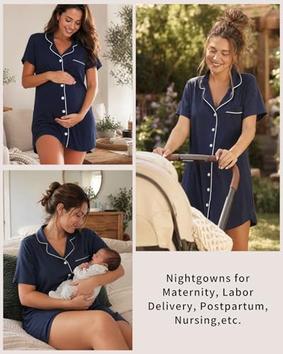 Image of Samring Pajama Nightgown for Women Short Sleeve Button Down Boyfriend Night Gown Nightdress Sleep Shirts