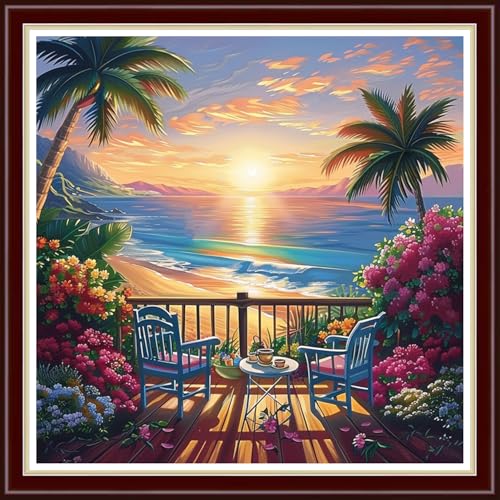 Image of Joyhoor Cross Stitch Kits for Beginners Stamped Cross-Stitch Supplies Needlework preprint Embroidery Kits for Adults DIY Needlepoint Kit Embroidery Patterns 11CT-Seaside Tea Scenery 18x18 inch