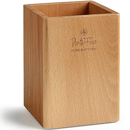 PortoFino Beech Wood Kitchen Utensil Holder / Wooden Cooking Tools Organizer / Storage Crock / Anti-Slip Silicone Feet 4.75 L x 4.75 W x 6.5 H (inches)