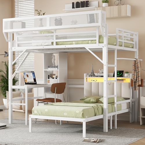 KEIKI Full over Twin Size Metal Bunk Bed Frame with Desk & Bookshelves & Built-in Storage Shelves, Detachable Loft Bed with Slats & Guardrail, No Box Spring Required, Easy Assembly, for Bedroom, White