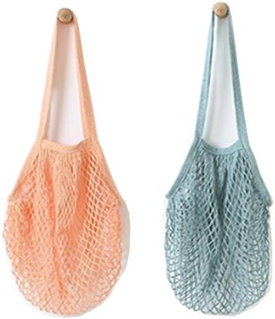 2Pcs Washable Cotton Mesh String Organic Organizer Shopping Handbag,Portable Reusable Net Bag Fruit Storage Shopper Tote Long Handle to Put on Shoulder