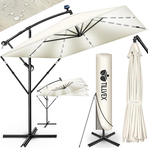 tillvex® Alu Sonnenschirm Rechteckig Ø 330 cm mit LED Solar + Abdeckung mit Kurbel | Ampelschirm mit Ständer & Windschutz | Gartenschirm UV-Schutz, wasserdicht, 360° drehbar | Kurbelschirm Marktschirm