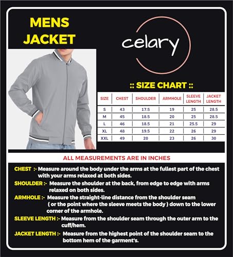 Image of Celary Men's Bomber Jacket Polyester Standard Length | Lightweight Casual Zip-Up Jacket | Stylish Slim Fit Outerwear for All Seasons