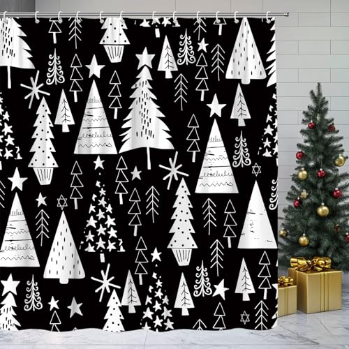 AYDSMYD Merry Christmas Shower Curtain Black White Christmas Tree Winter Holiday Rustic Farmhouse Fabric Bathroom Decor Set Include Hooks,70" WX70 H by AYDSMYD - Used condition - Image 4