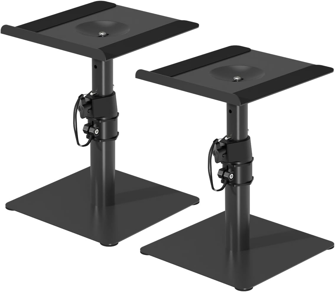 suptek Speaker Stand Desktop Mount Set, 9.6 x 8.8 inch Trays, Height Adjustment and Tilt, Universal Audio Holders for Computer and Bookshelf Speakers, Compatibility with HiFi Speakers, Black, SDM001T