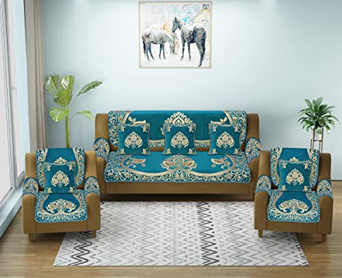 Image of Velvet Sofa Cover with Arm Cover and Cushion Covers Set of 5 Seater - Sofa Covers 3 Seater and 2 Seater Full Cover Set for Couch Seat - Heavy Fabric Sofa Slip Protector, 2701 Aqua