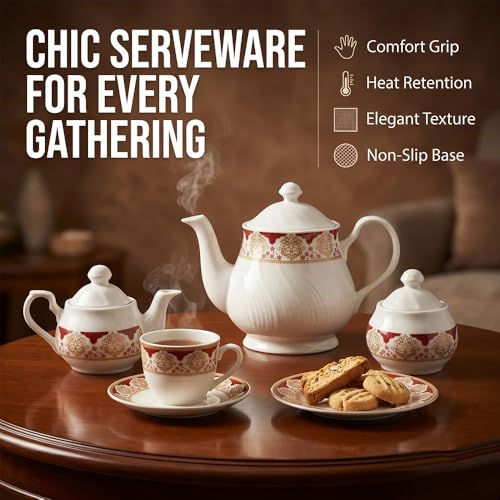 Image of U.P.C. Tea Set with Kettle /Tea Service Set /Tea Kettle Set /Tea Set with Saucer of 15 Pcs (1 Kettle + 6 Saucers+ 6 Cups +1 Milk Pot + 1 Sugar Pot) (Tea Set) (Kettle-Set-TS011)