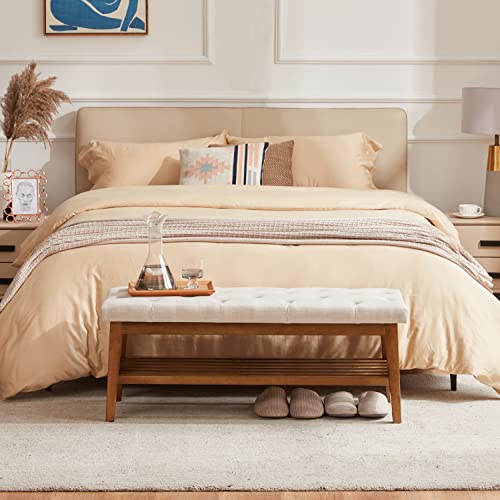 Huimo Entryway Shoe Bench, End Of Bed Bench,Upholstered Button-Tufted Bench For Kitchen, Fabric Ottoman Bench For Living Room, Padded Bench With Solid Wood Shelf Beige #TOP4