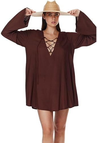 Gottex Beach Life Mist & Sand Mini Dress Cover-Up - Long Wide Sleeves, Adjustable Front Tie Detail