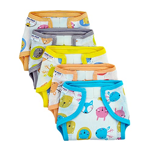 Image of Pom Pom Sweethearts Washable Reusable Printed Welcro Self Fastener Cotton Muslin Nappy, Langot For New Born Baby - Pack of 5 (Animal Face Print 1-3 Months)
