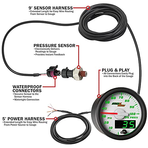 Maxtow Double Vision 100 Psi Oil Pressure Gauge Kit - Includes Electronic Sensor - White Gauge Face - Green Led Illuminated Dial - Analog & Digital Readouts - For Trucks - 2-1/16" 52Mm #TOP1