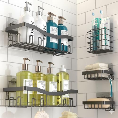 Image of 5 in 1 Bathroom Organizer | Self Adhesive Wall Mounted Metal Bathroom Rack Set | Multi Shelf Storage /Stand for Shampoo, Bottles, Soap, Towel | Black