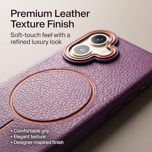 Image of amazon basics Luxury MagSafe Compatible Leather Texture Back Cover for iPhone 16 | Raised Camera Protection | Slim Fit Shockproof Case with Metallic Accents (Purple)