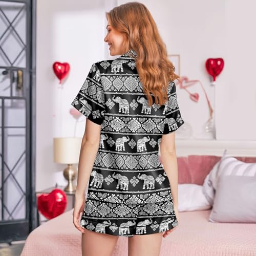 Image of Women's satin pajamas set, Short-sleeve button down Loungewear | Exclusive print on soft satin fabric; breathable comfort for sleep or lounge; button front top, elastic shorts; easy care