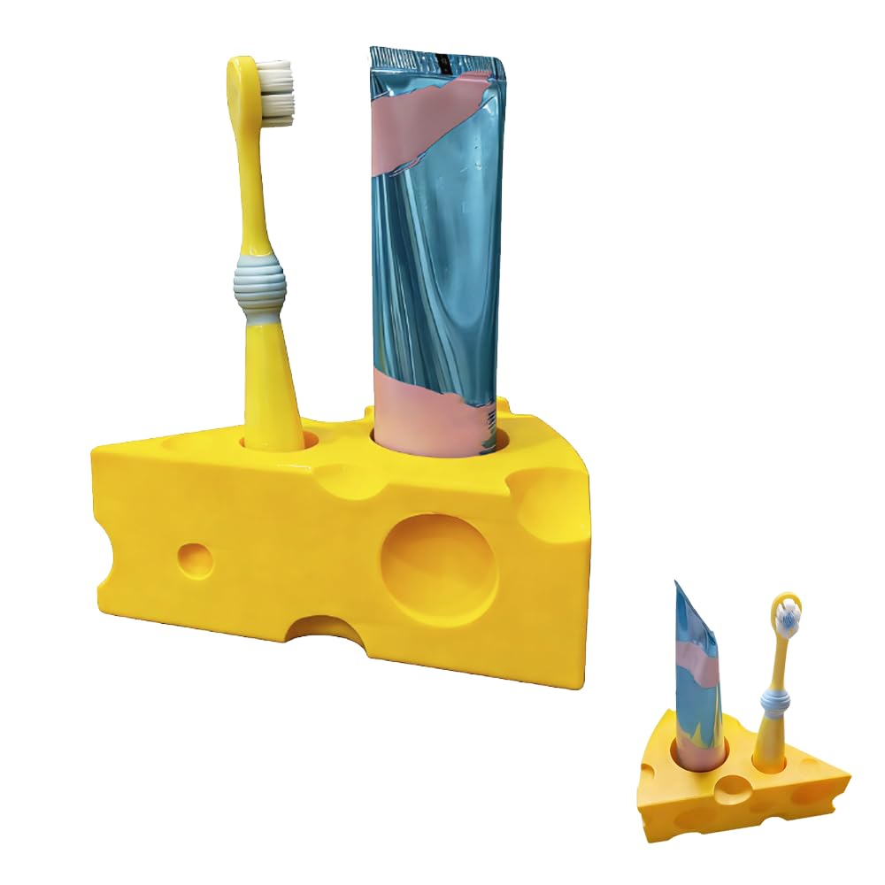Cheese Shaped Toothbrush and Toothpaste Holder, Creative Bathroom Organizer, Cute Novelty Countertop Storage Rack, Yellow