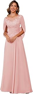 Lace Long Mother Dress for Women with Pleated Sequin Cape Scoop Illusion Chiffon Formal Dresses RA035